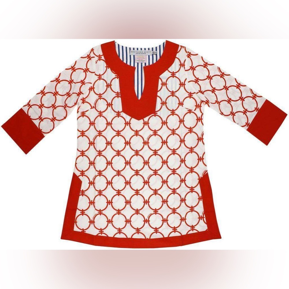 V-Neck Hand Printed Tunic in Coral Chains by Gretchen Scott Designs - Si…